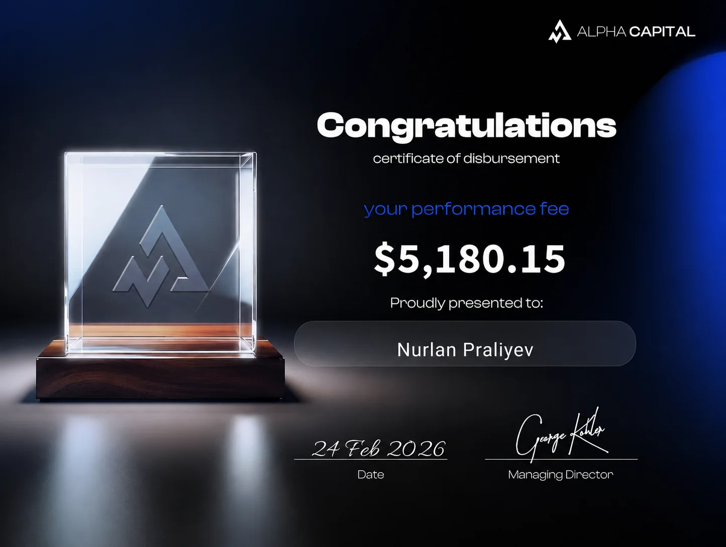 Сертификат выплаты Alpha Capital на 5 180,15 долларов